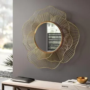 Artemade Iron Decorative Mirror Wall Mounted Hanging Mirror Sculpture Metal Golden Rose Design Modern Art Mirror for Home Decor (Artistic, Framed)